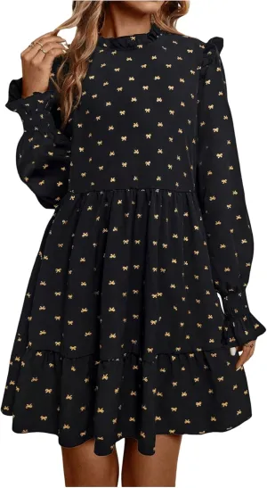 MakeMeChic Women's Ruffle Smock Dress Long Sleeve Mock Neck Shirred Frill Trim Short Dresses