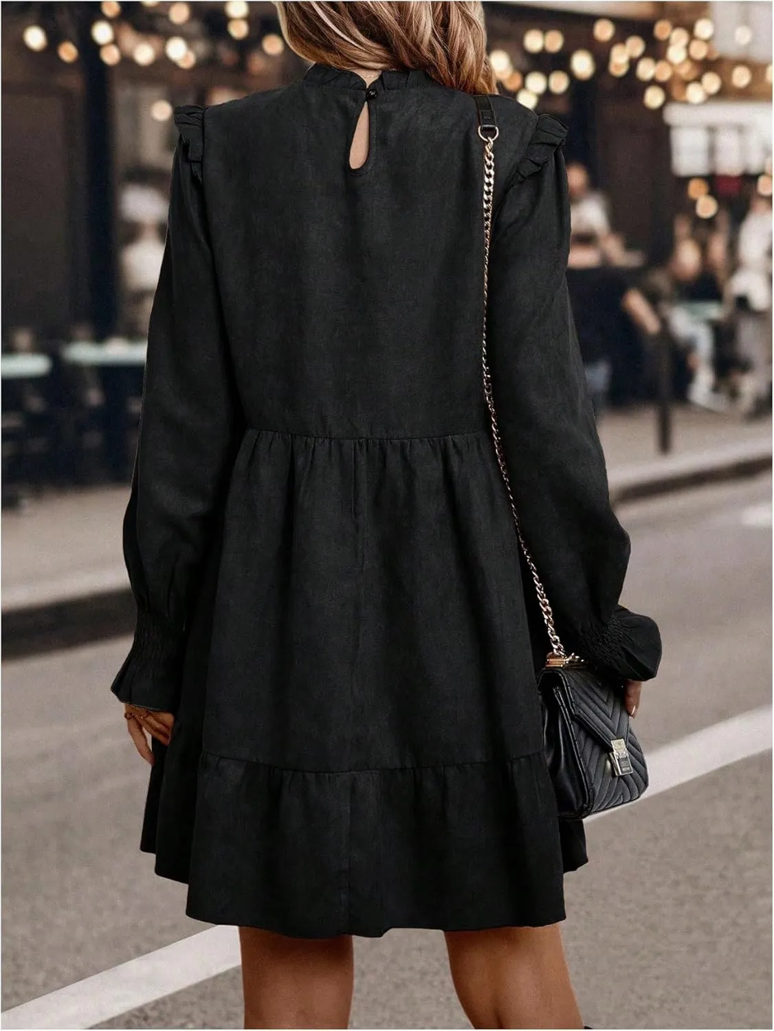 MakeMeChic Women's Ruffle Smock Dress Long Sleeve Mock Neck Shirred Frill Trim Short Dresses