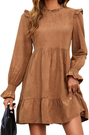 MakeMeChic Women's Ruffle Smock Dress Long Sleeve Mock Neck Shirred Frill Trim Short Dresses