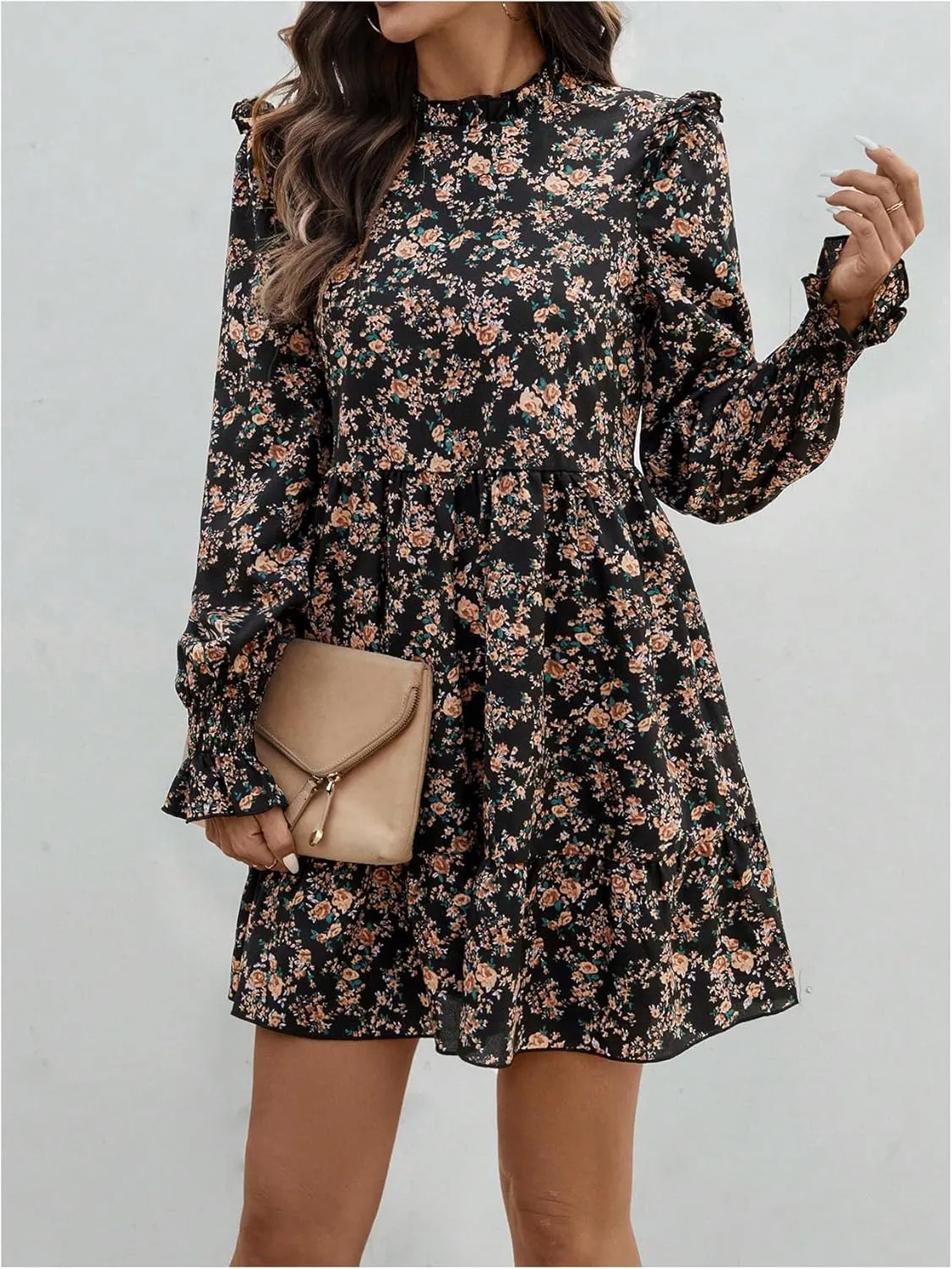 MakeMeChic Women's Ruffle Smock Dress Long Sleeve Mock Neck Shirred Frill Trim Short Dresses
