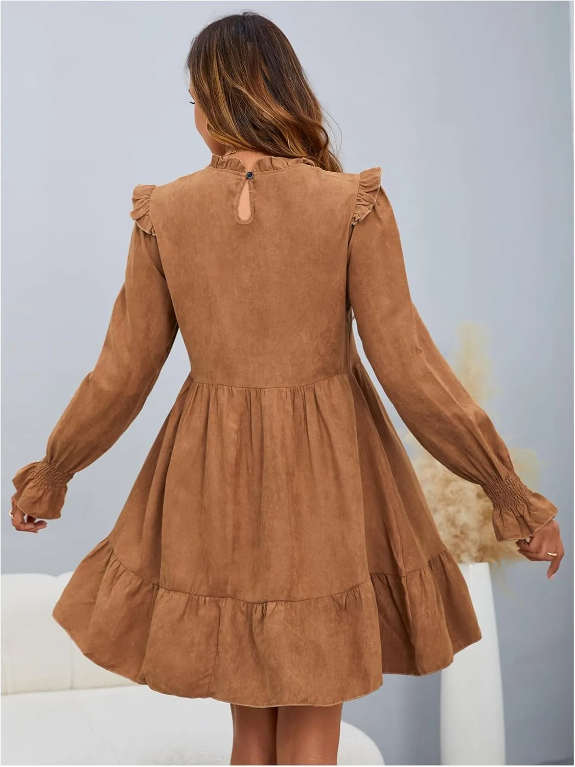 MakeMeChic Women's Ruffle Smock Dress Long Sleeve Mock Neck Shirred Frill Trim Short Dresses