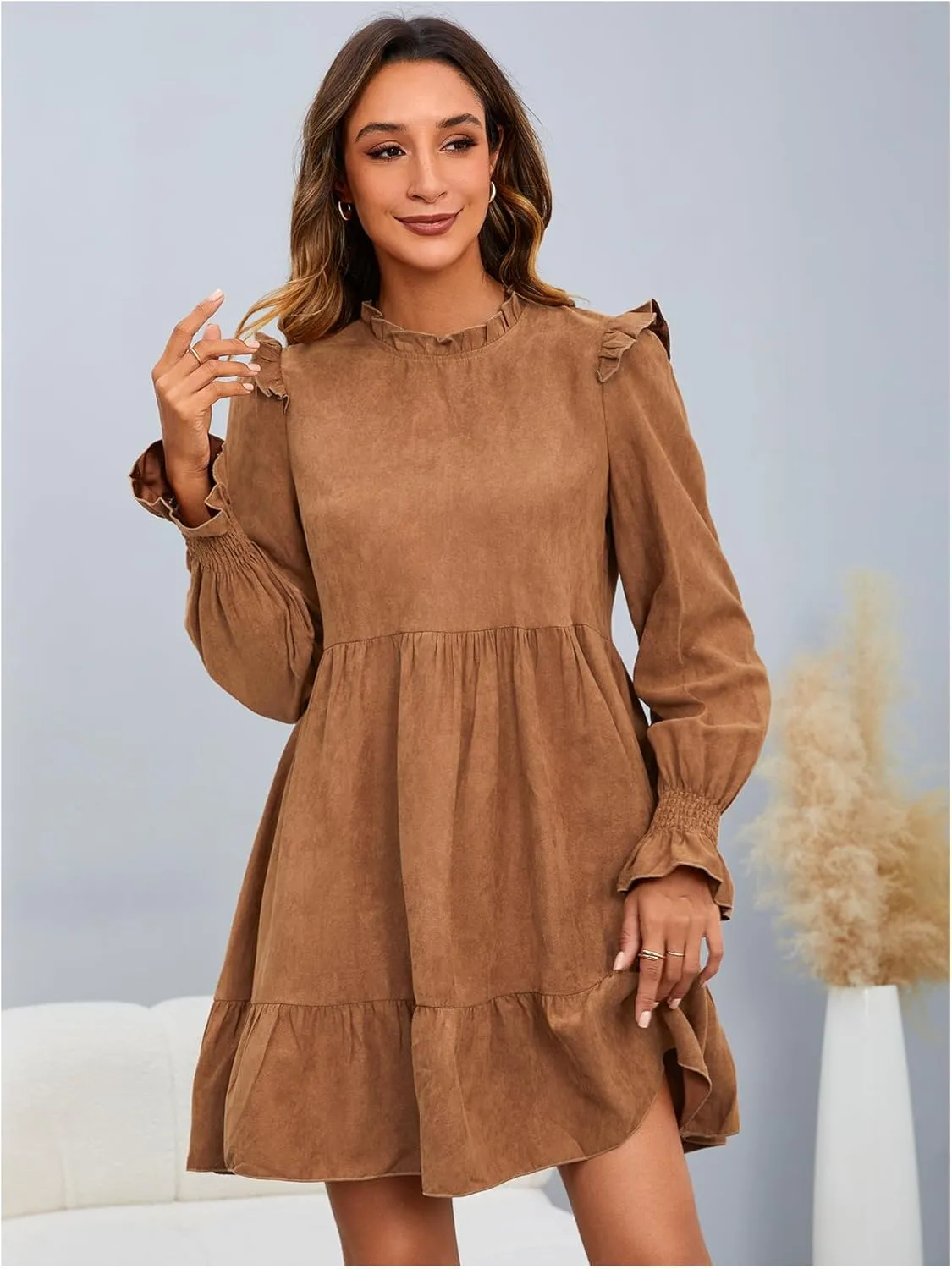 MakeMeChic Women's Ruffle Smock Dress Long Sleeve Mock Neck Shirred Frill Trim Short Dresses