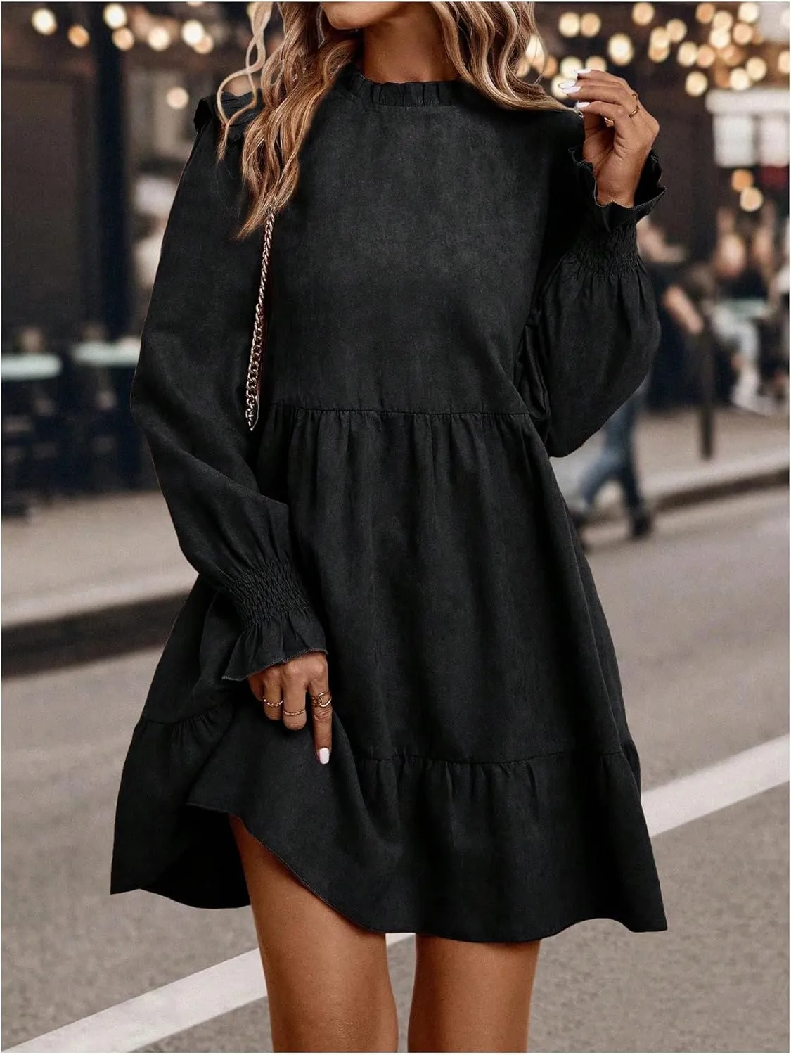 MakeMeChic Women's Ruffle Smock Dress Long Sleeve Mock Neck Shirred Frill Trim Short Dresses