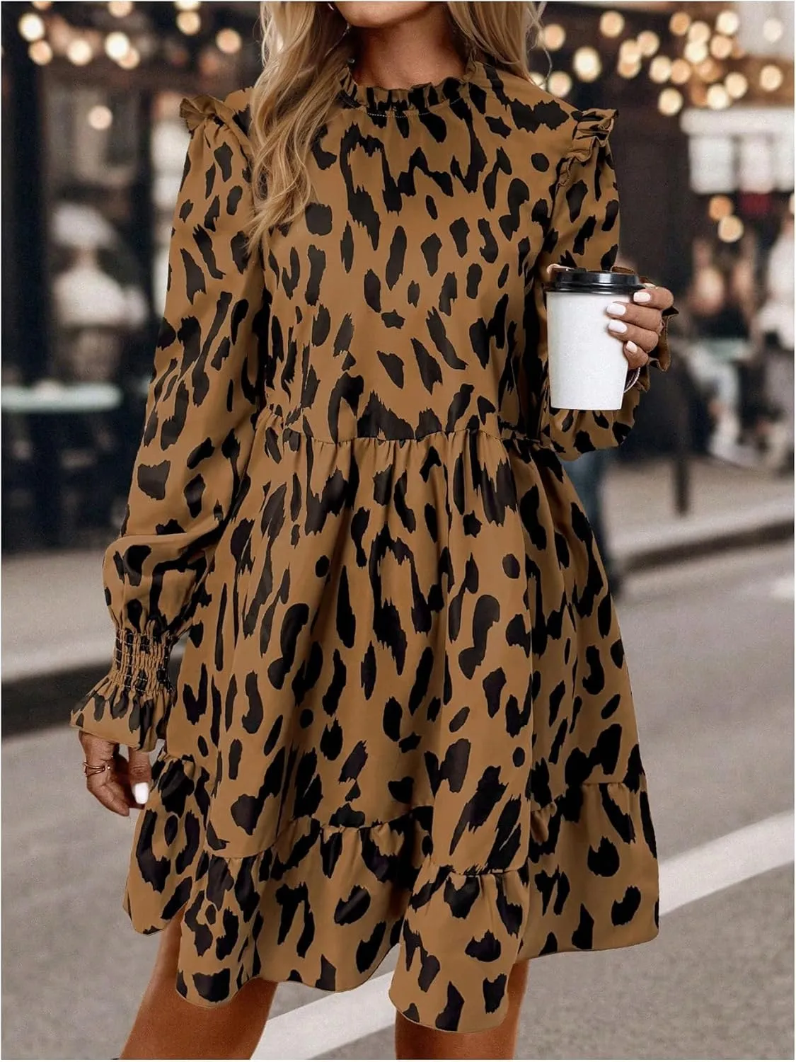 MakeMeChic Women's Ruffle Smock Dress Long Sleeve Mock Neck Shirred Frill Trim Short Dresses