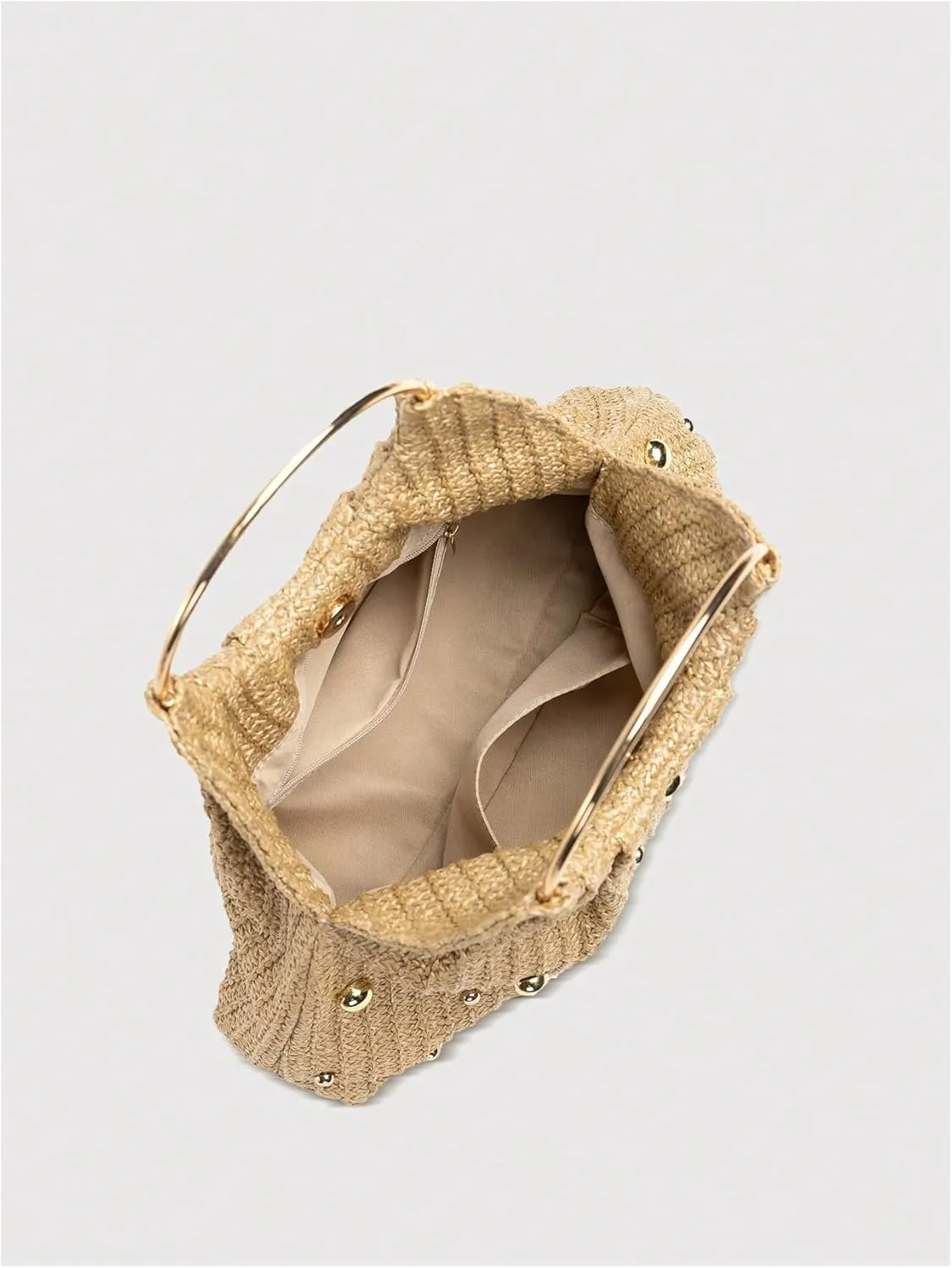 MakeMeChic Women's Straw Beaded Handbag Ruched Circle Handle Evening Bag Clutch Purse