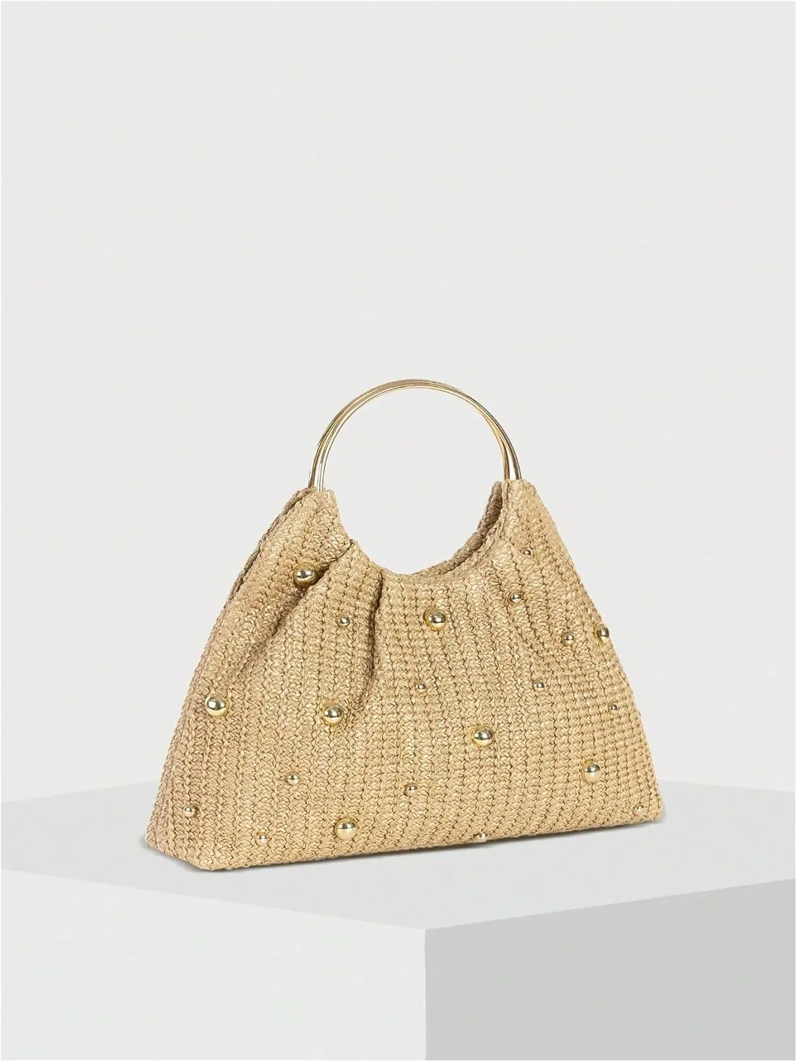 MakeMeChic Women's Straw Beaded Handbag Ruched Circle Handle Evening Bag Clutch Purse