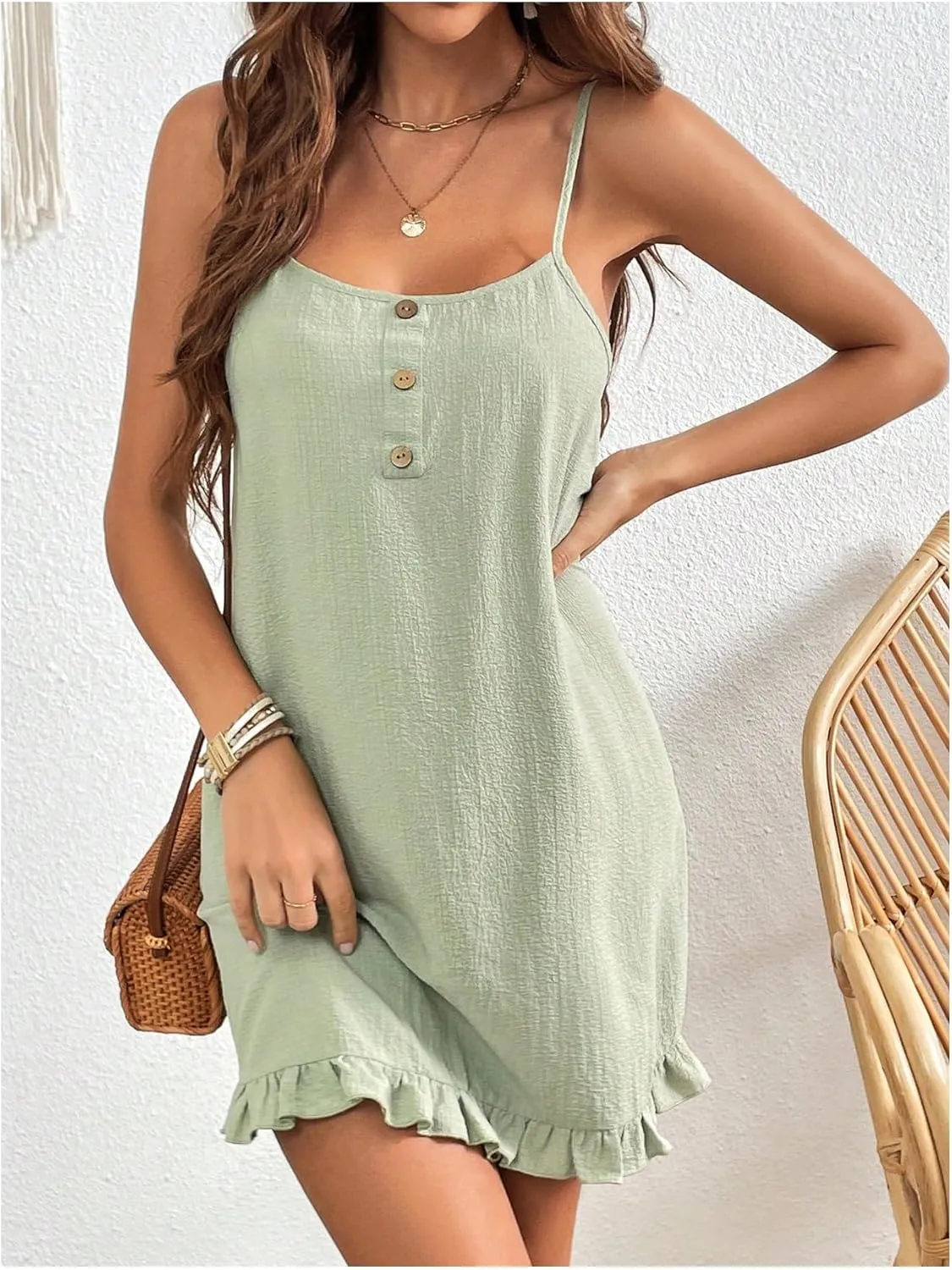 MakeMeChic Women's Summer Mini Dresses Spaghetti Straps Button Front Cami Dress Ruffle Hem Vacation Dresses