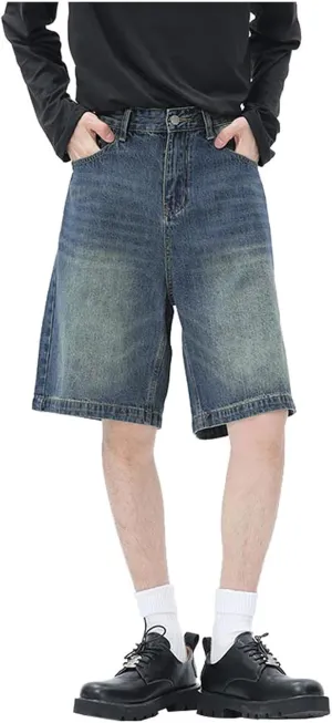 Men Baggy Jean Shorts Loose Fit Long Denim Shorts Wide Leg Hip Hop Streetwear