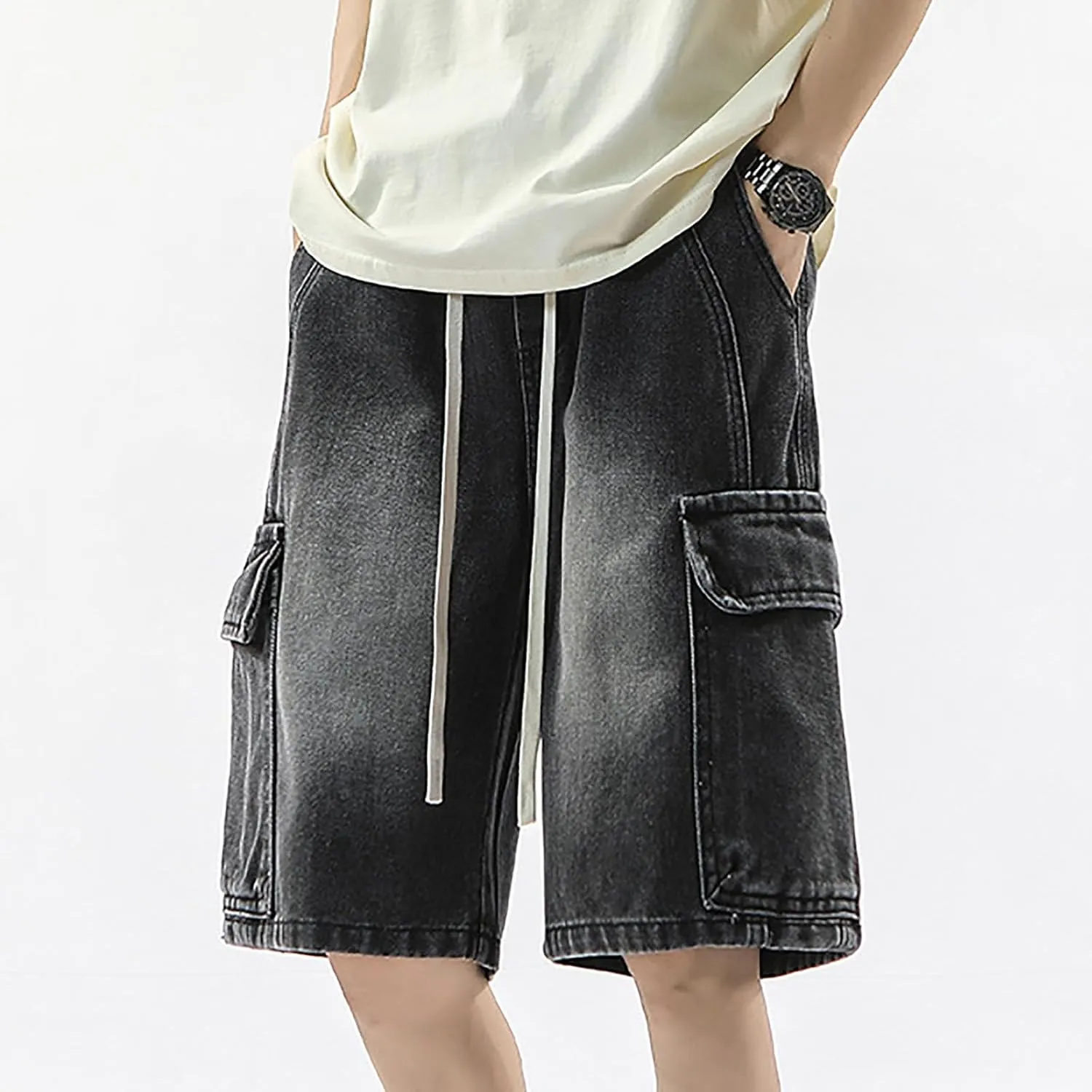 Men Y2K Grunge Baggy Jean Shorts Summer Casual Hip Hop Mid Loose Fit Denim Shorts Streetwear