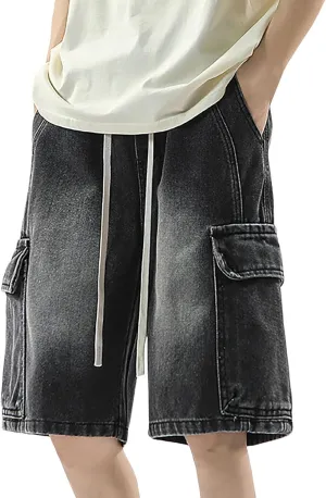 Men Y2K Grunge Baggy Jean Shorts Summer Casual Hip Hop Mid Loose Fit Denim Shorts Streetwear