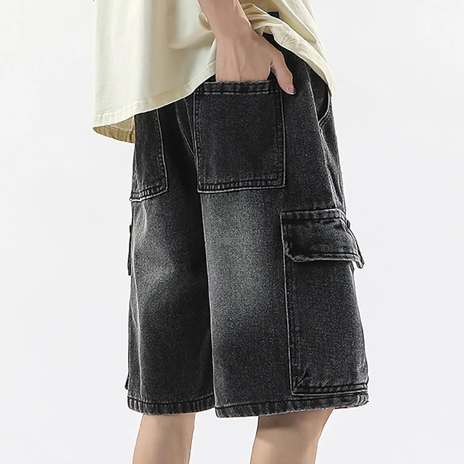 Men Y2K Grunge Baggy Jean Shorts Summer Casual Hip Hop Mid Loose Fit Denim Shorts Streetwear