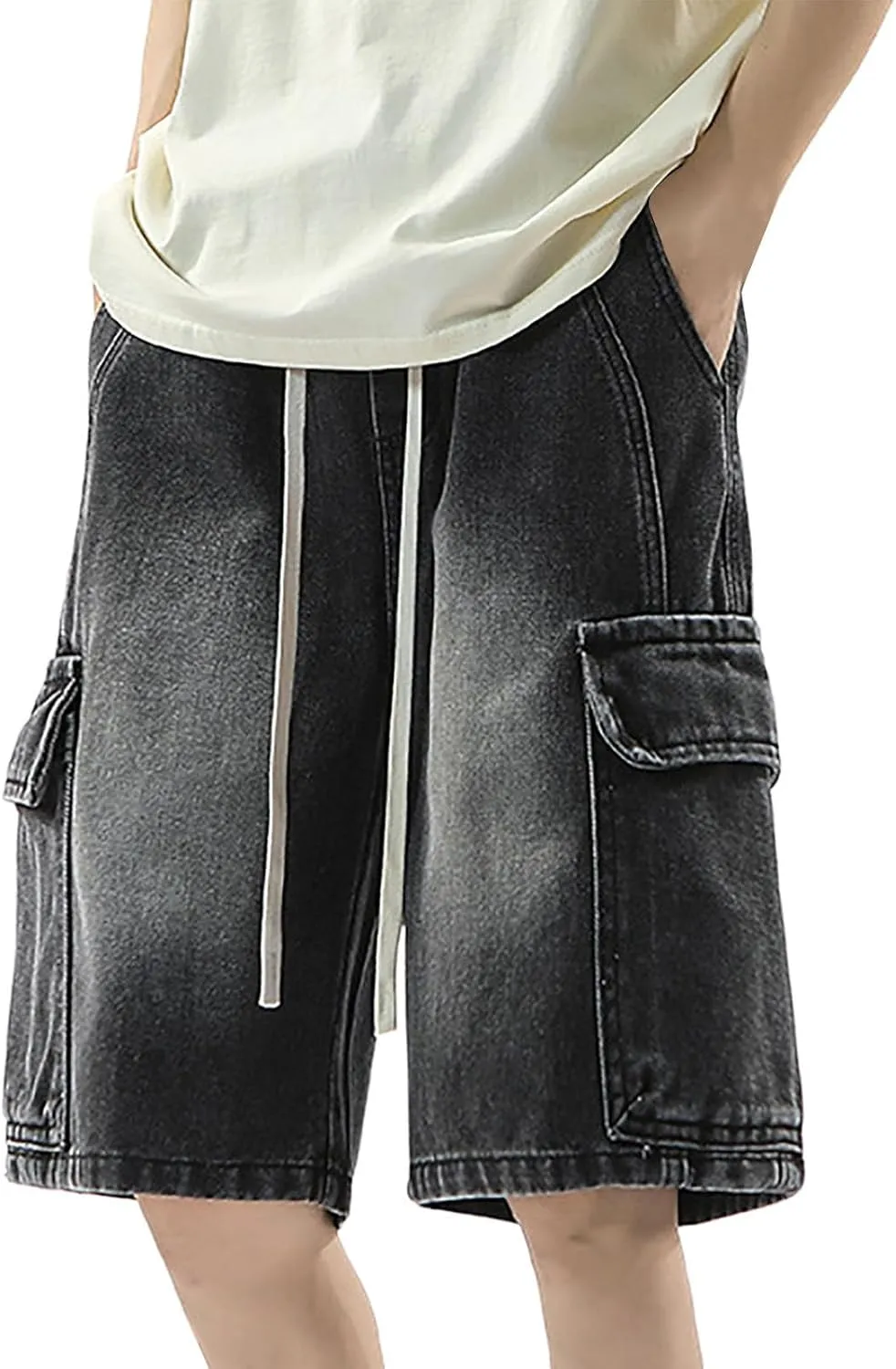 Men Y2K Grunge Baggy Jean Shorts Summer Casual Hip Hop Mid Loose Fit Denim Shorts Streetwear