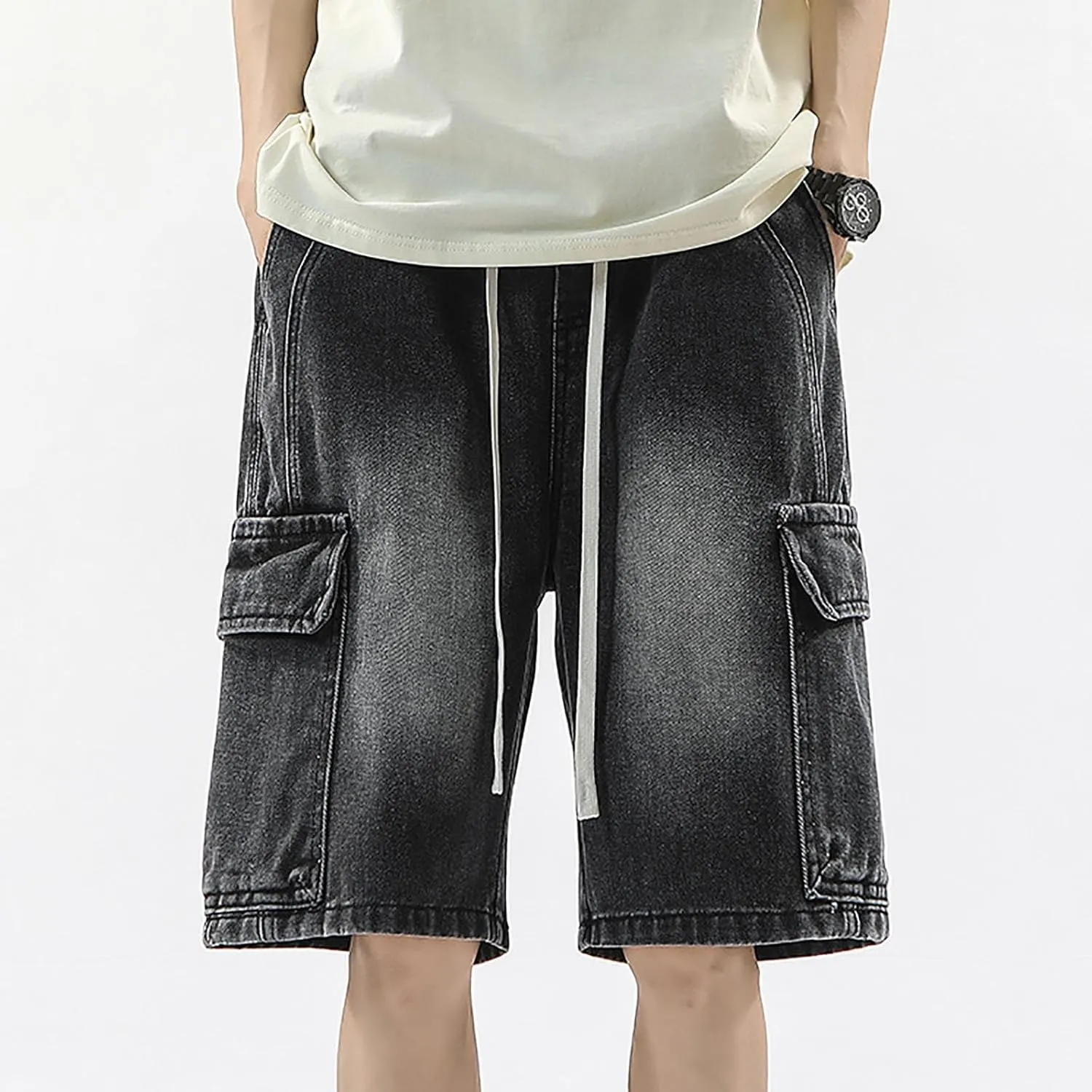 Men Y2K Grunge Baggy Jean Shorts Summer Casual Hip Hop Mid Loose Fit Denim Shorts Streetwear