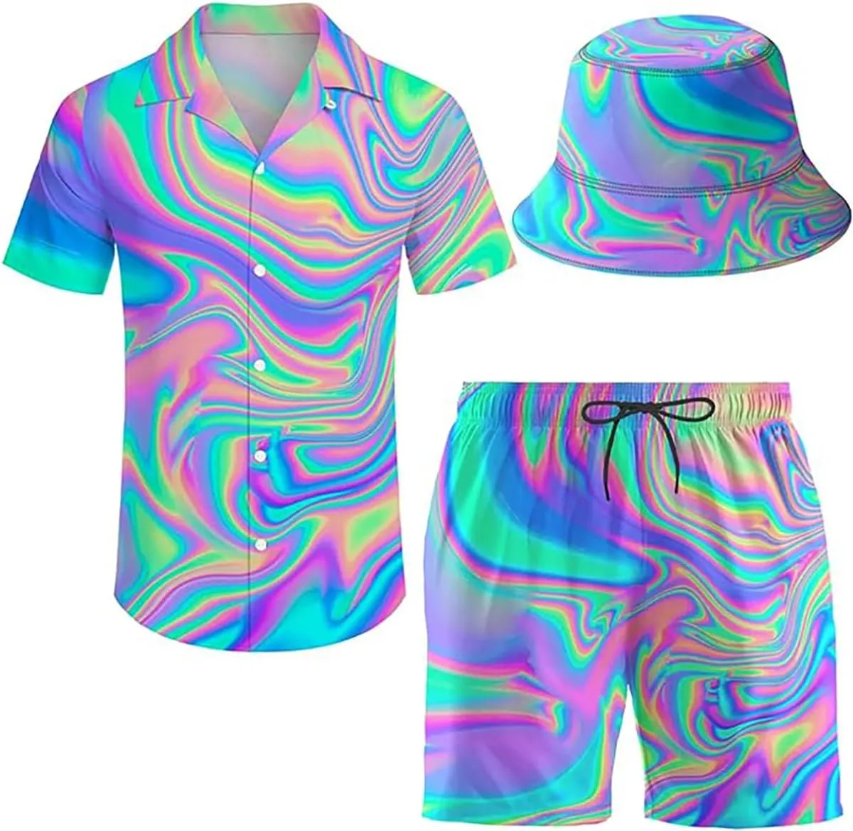Men'S 2 Piece Tracksuit Hawaiian Shirt Shorts Button Down Shirt And Shorts Sets With Bucket Hats