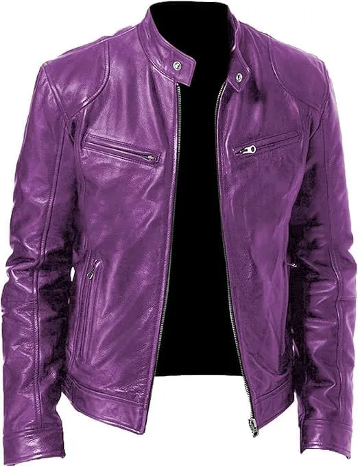 Men's Bold Purple Leather Moto Jacket  Stand Out in Style