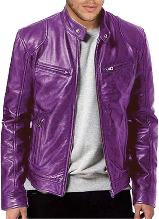 Men's Bold Purple Leather Moto Jacket  Stand Out in Style