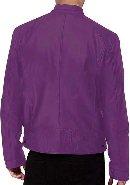 Men's Bold Purple Leather Moto Jacket  Stand Out in Style