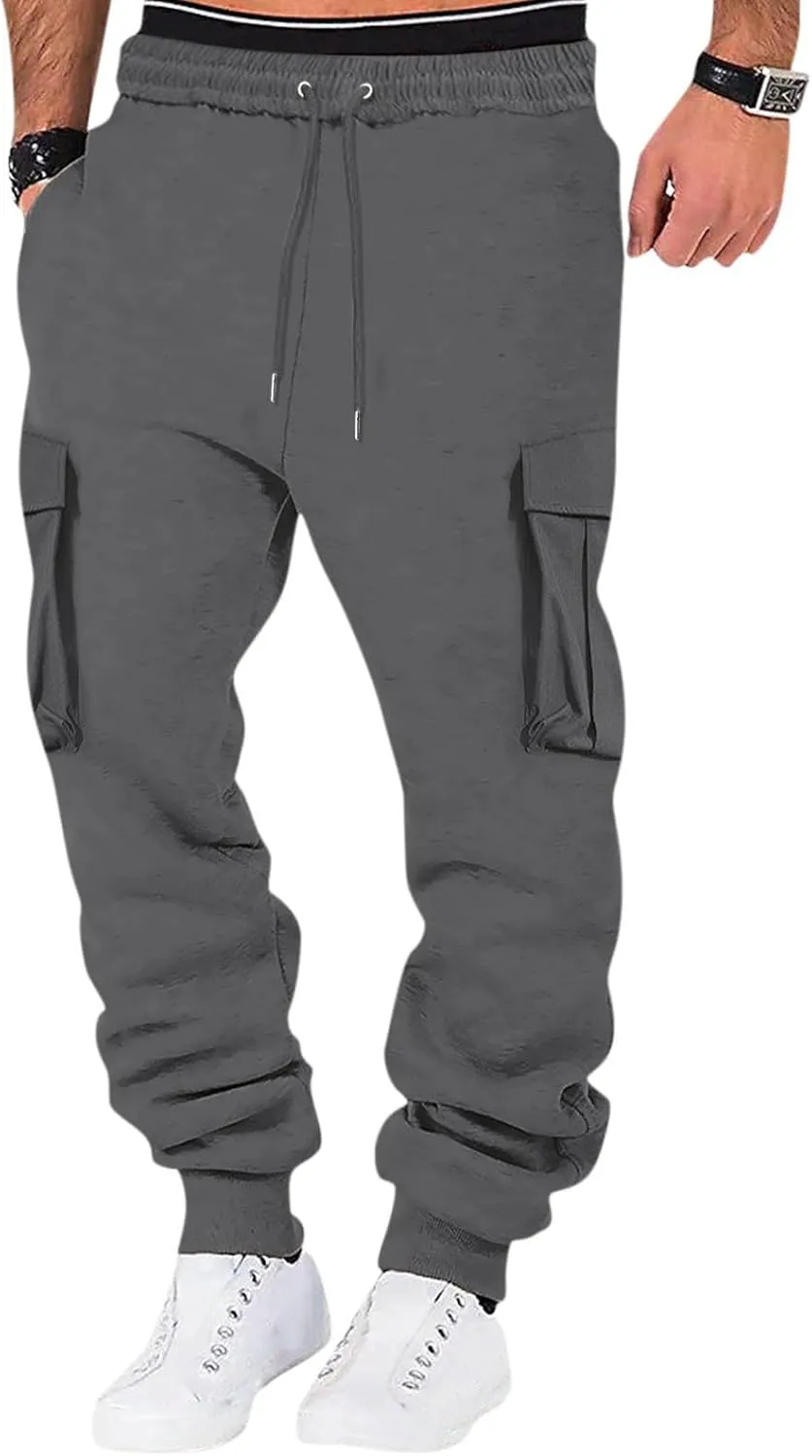 Men's Casual Cargo Pants Workout Joggers Loose Sports Running Solid Color Lace Up Cargo Pants Mens Cargo Hiking Pants