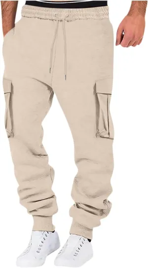Men's Casual Cargo Pants Workout Joggers Loose Sports Running Solid Color Lace Up Cargo Pants Mens Cargo Hiking Pants
