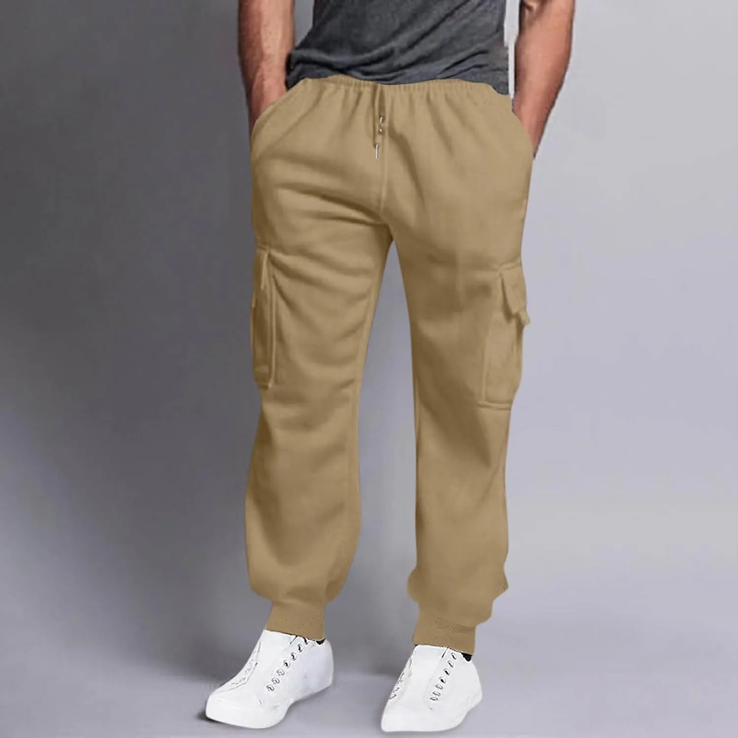 Men's Casual Cargo Pants Workout Joggers Loose Sports Running Solid Color Lace Up Cargo Pants Mens Cargo Hiking Pants