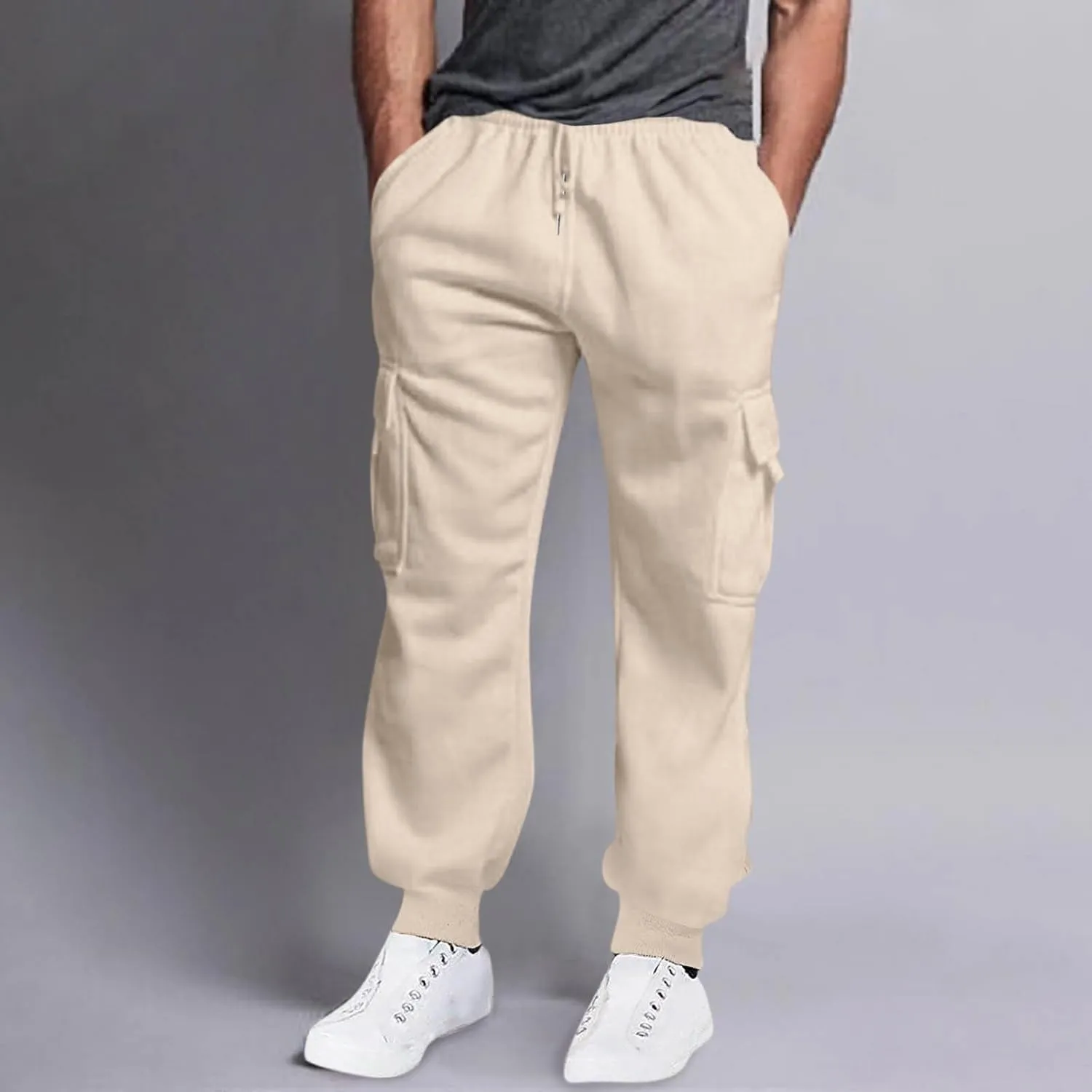 Men's Casual Cargo Pants Workout Joggers Loose Sports Running Solid Color Lace Up Cargo Pants Mens Cargo Hiking Pants