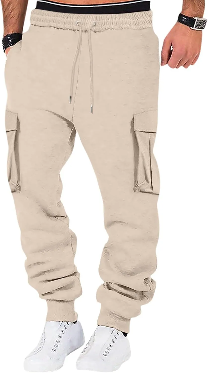 Men's Casual Cargo Pants Workout Joggers Loose Sports Running Solid Color Lace Up Cargo Pants Mens Cargo Hiking Pants