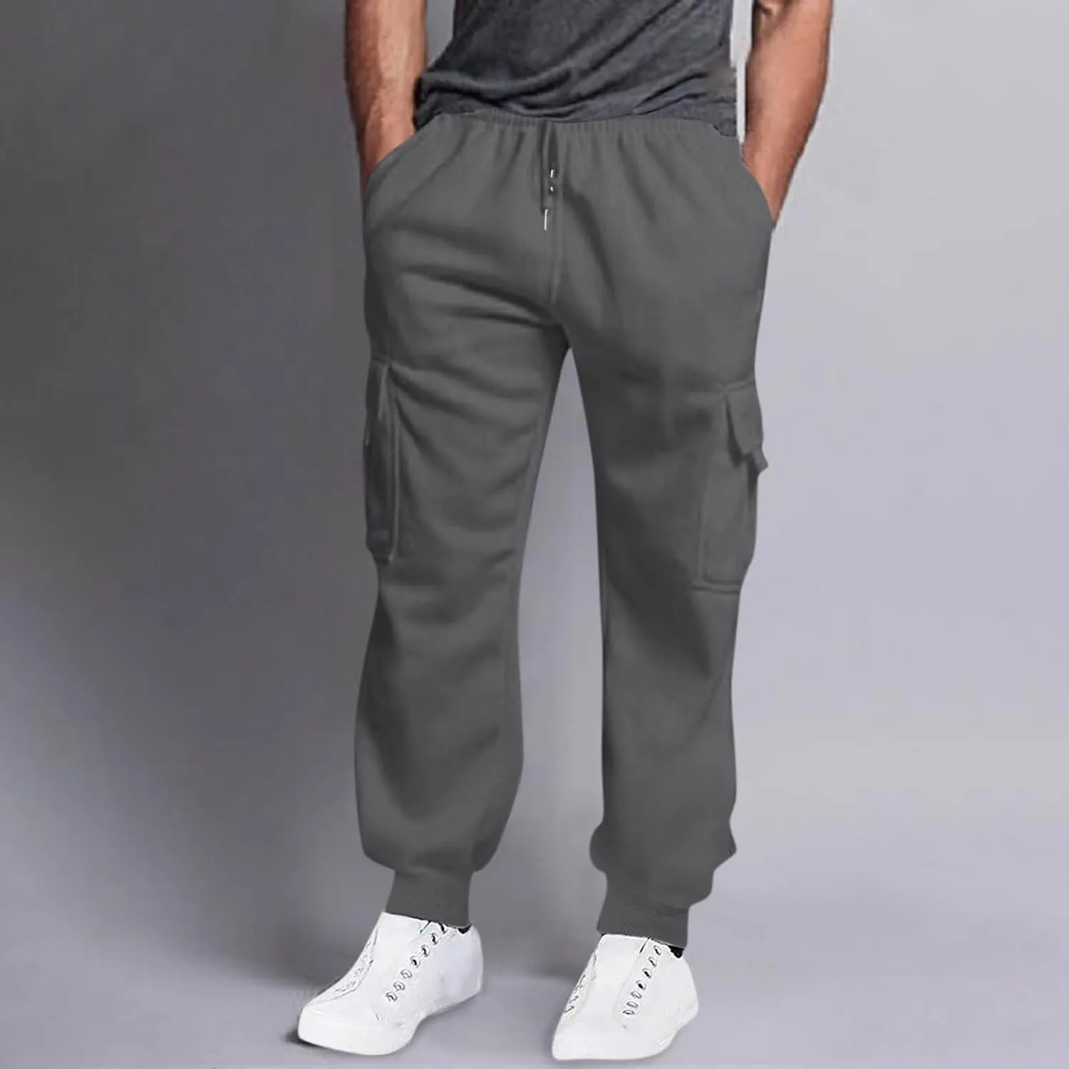 Men's Casual Cargo Pants Workout Joggers Loose Sports Running Solid Color Lace Up Cargo Pants Mens Cargo Hiking Pants