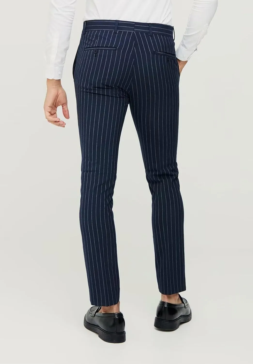 Mens Casual Pants Striped Flat-Front Chinos Trousers Men Slim Fit