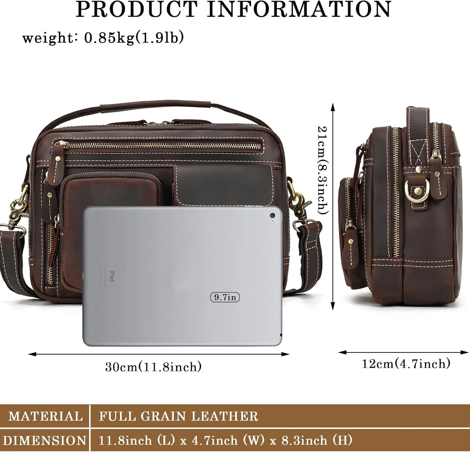 Men's Dark Brown Leather Messenger Bag, 11.8 x 4.7 x 8.3 inches, Utility Style, Solid Pattern, Zipper Closure, Top Handle & Shoulder Strap, Adults