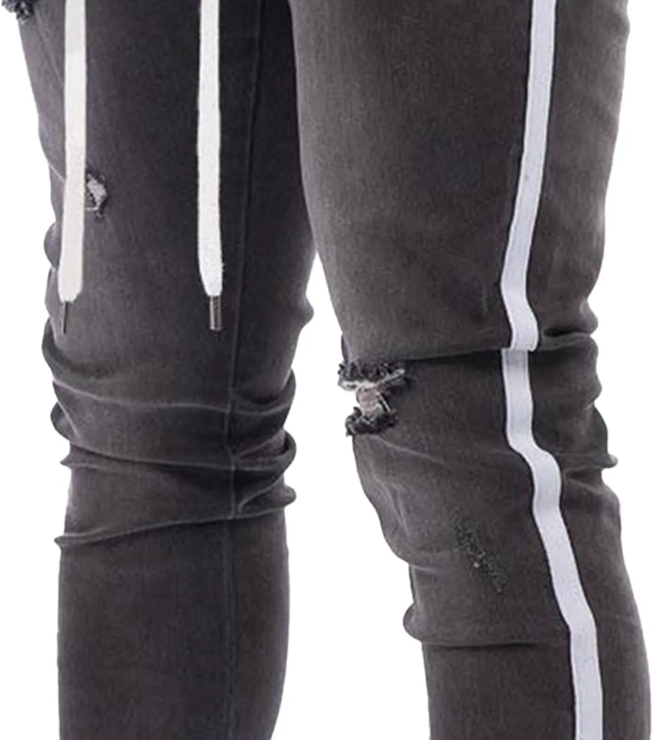 Men's Destroyed Casual Side Striped Jeans Ripped Skinny Slim Fit Denim Pants Stretch Fashion Streetwear Jeans
