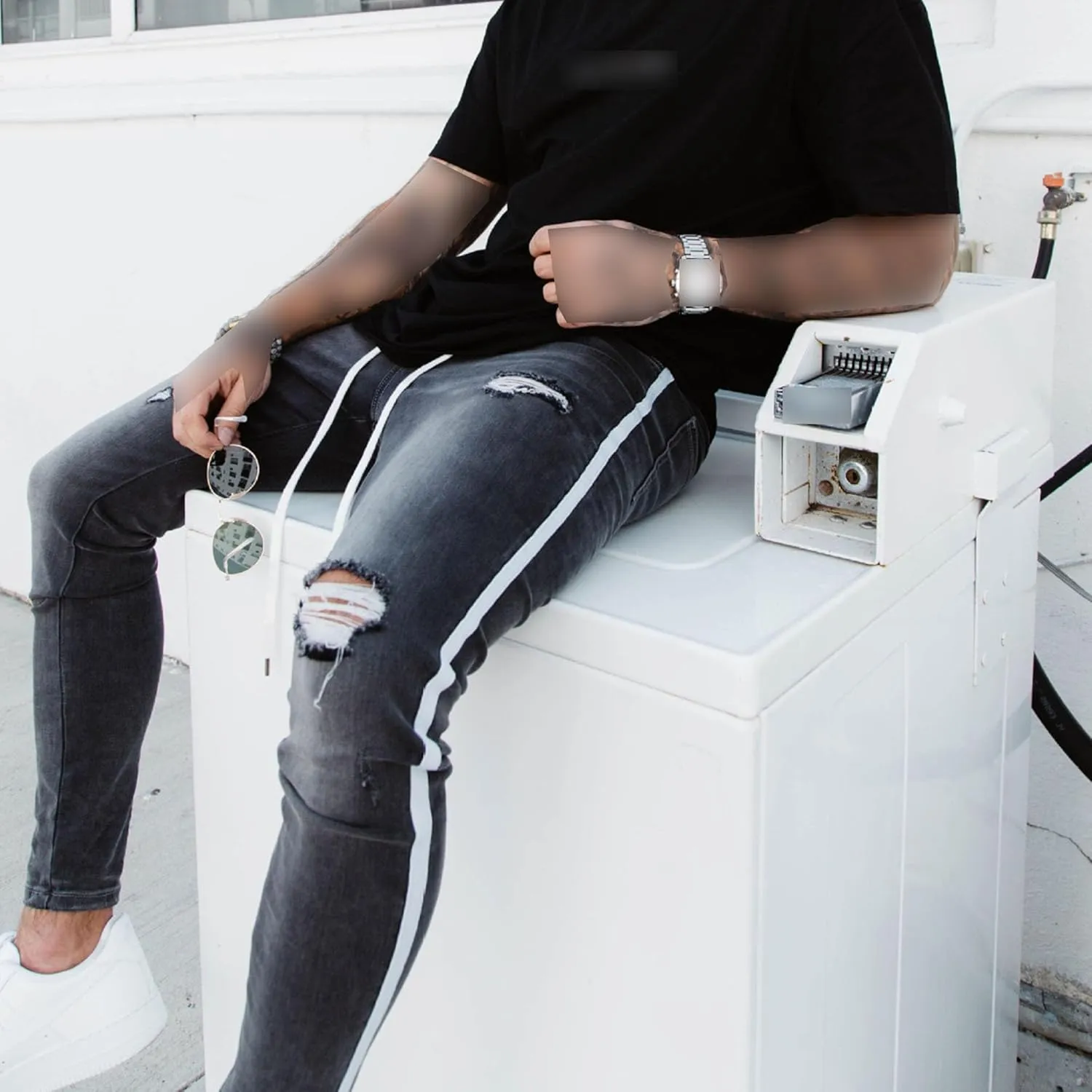 Men's Destroyed Casual Side Striped Jeans Ripped Skinny Slim Fit Denim Pants Stretch Fashion Streetwear Jeans