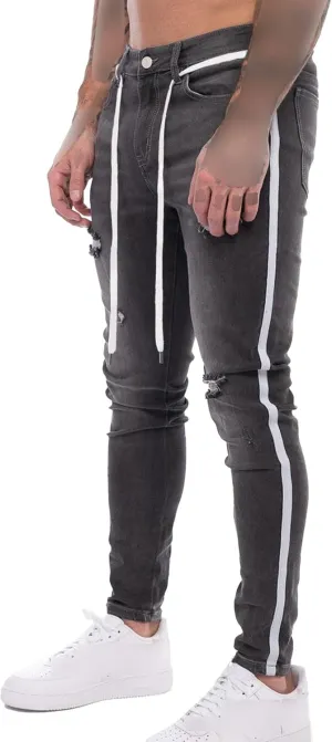 Men's Destroyed Casual Side Striped Jeans Ripped Skinny Slim Fit Denim Pants Stretch Fashion Streetwear Jeans