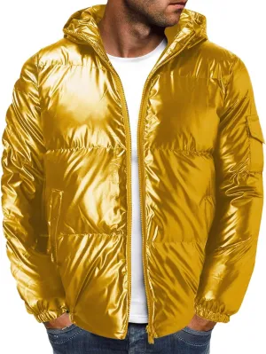 Men's Down Jackets & Coats Puffer Solid Coat Shiny Reflective Cotton Padded Hooded Trendy Plus Size Bubble Jacket for Men