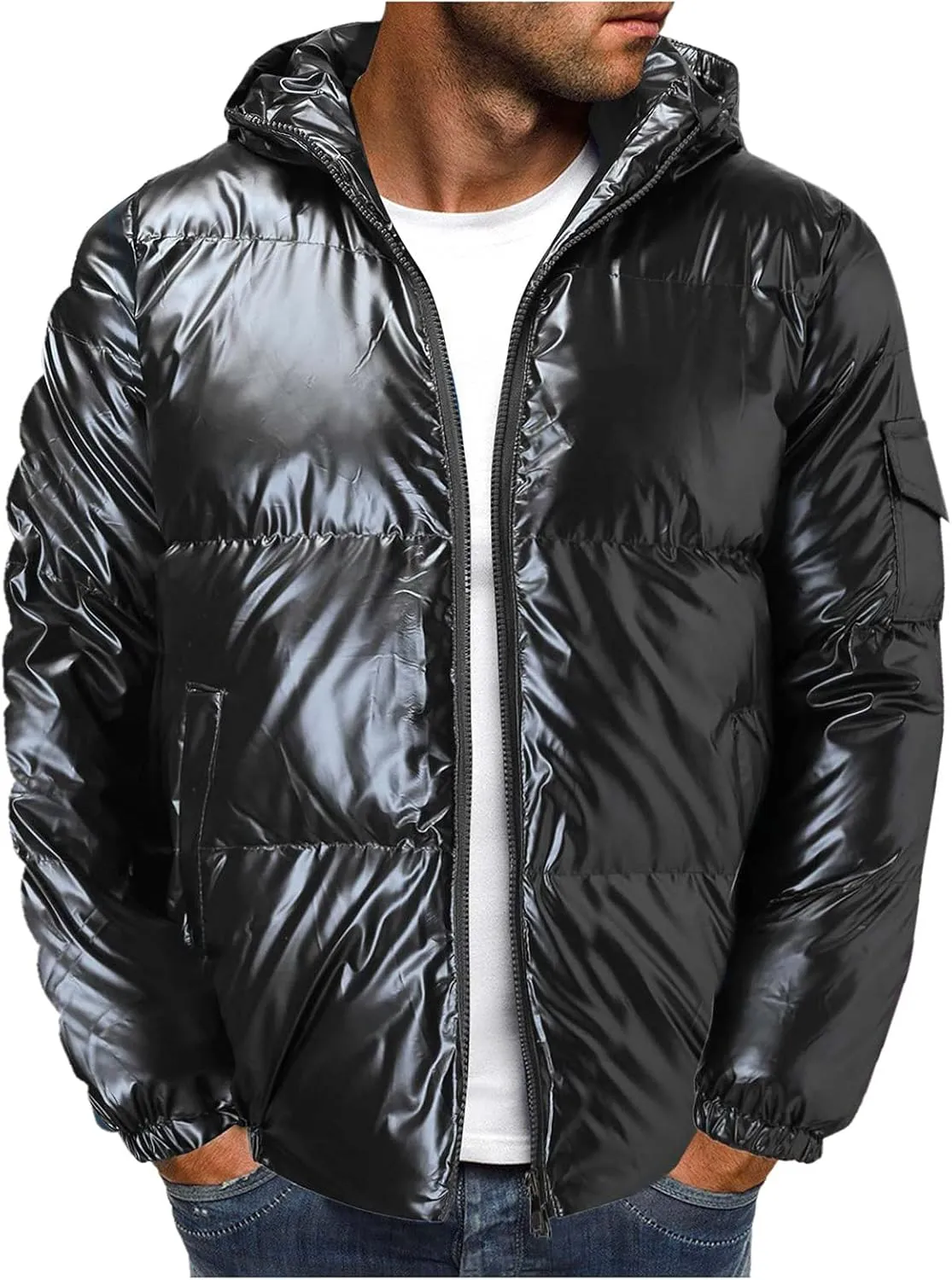 Men's Down Jackets & Coats Puffer Solid Coat Shiny Reflective Cotton Padded Hooded Trendy Plus Size Bubble Jacket for Men