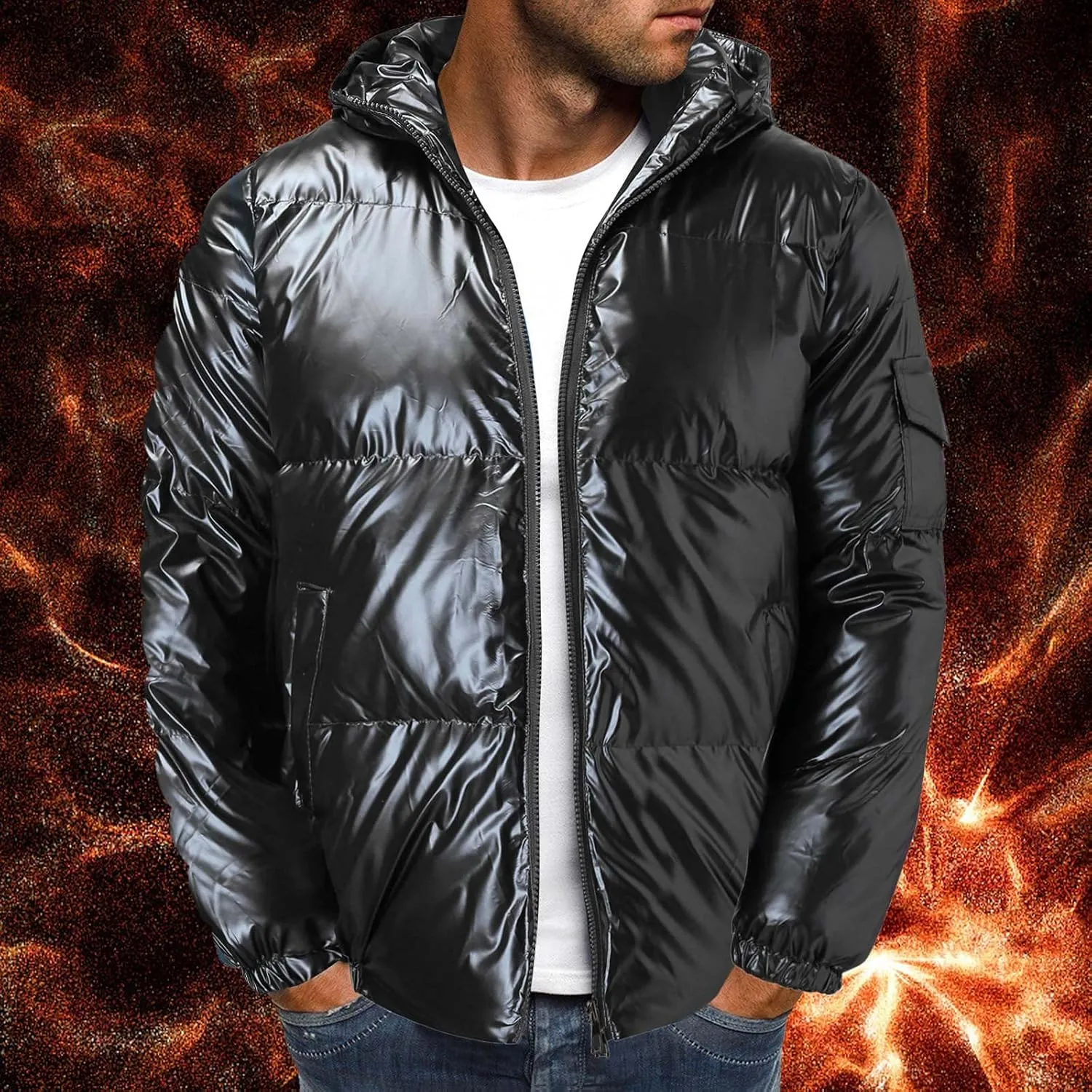Men's Down Jackets & Coats Puffer Solid Coat Shiny Reflective Cotton Padded Hooded Trendy Plus Size Bubble Jacket for Men