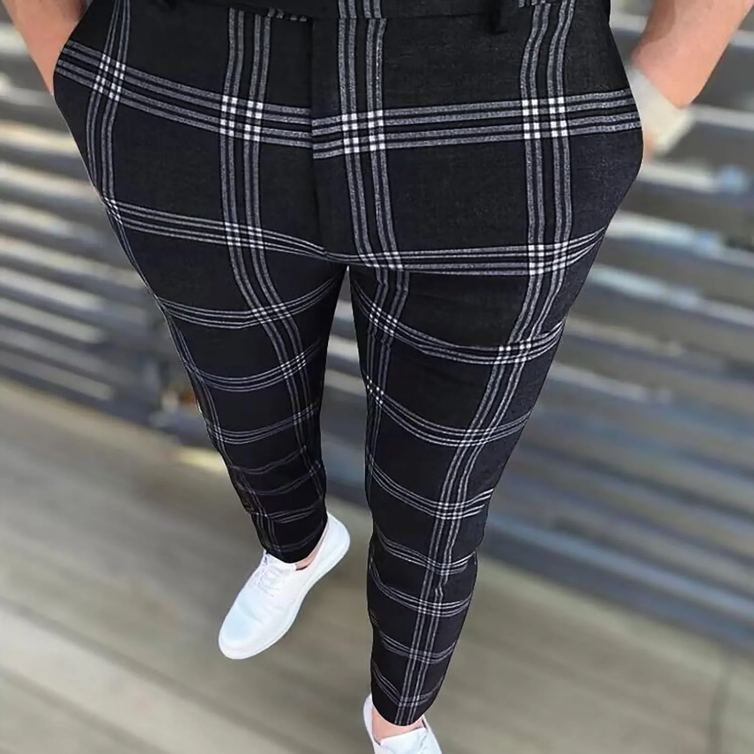 Men's Dress Pants Plaid Skinny Slim Fit Dress Pants Stretch Business Golf Pencil Chinos Pants Trousers