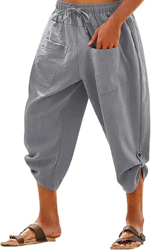Mens Elastic High Waist Drawstring Baggy Beach Casual Pants Cotton and Linen Capri Pants Summer Outdoor Vacation Shorts 2024