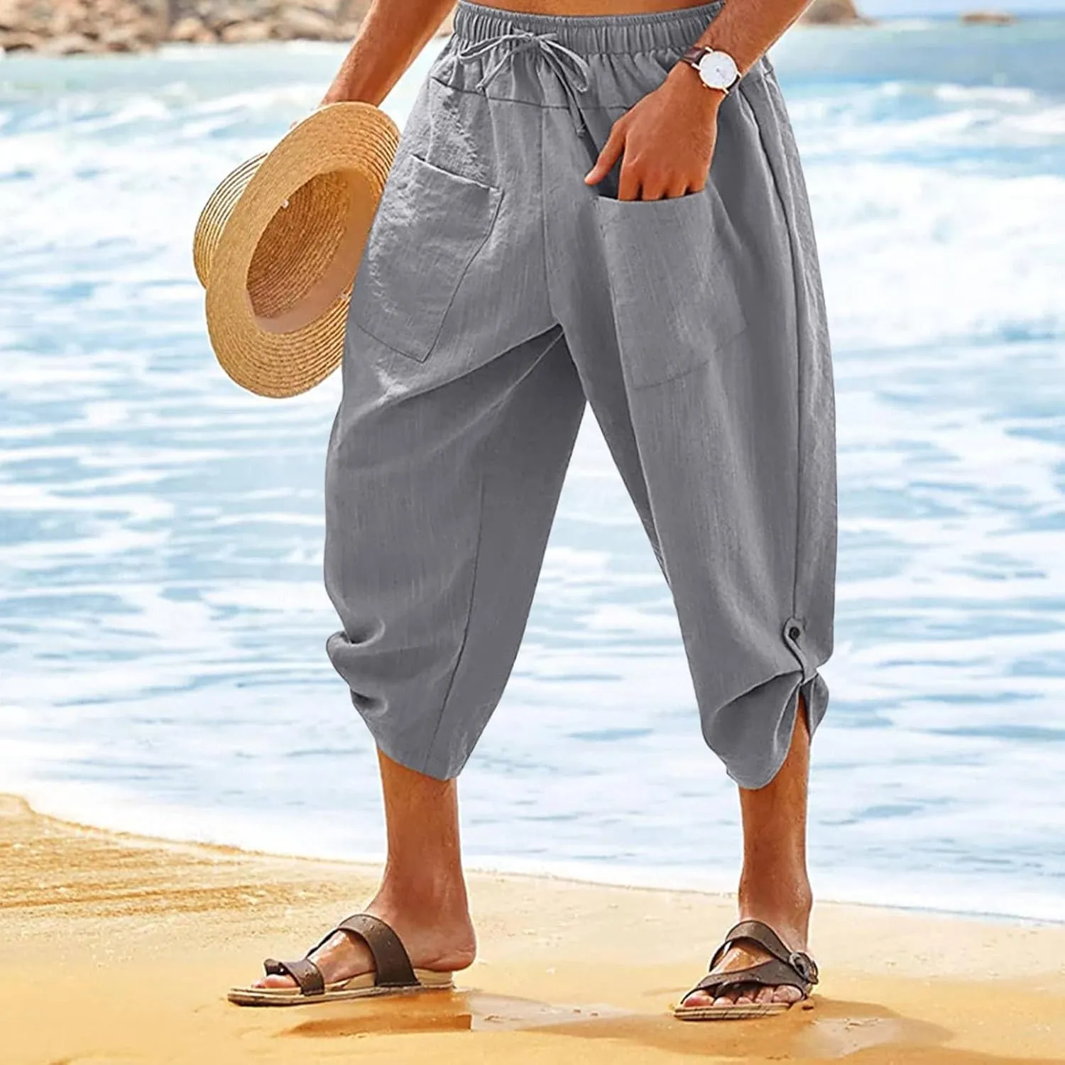 Mens Elastic High Waist Drawstring Baggy Beach Casual Pants Cotton and Linen Capri Pants Summer Outdoor Vacation Shorts 2024