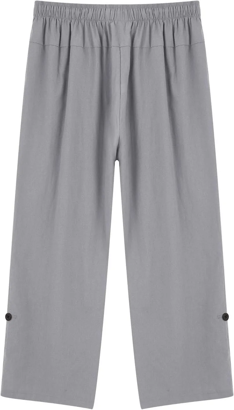 Mens Elastic High Waist Drawstring Baggy Beach Casual Pants Cotton and Linen Capri Pants Summer Outdoor Vacation Shorts 2024