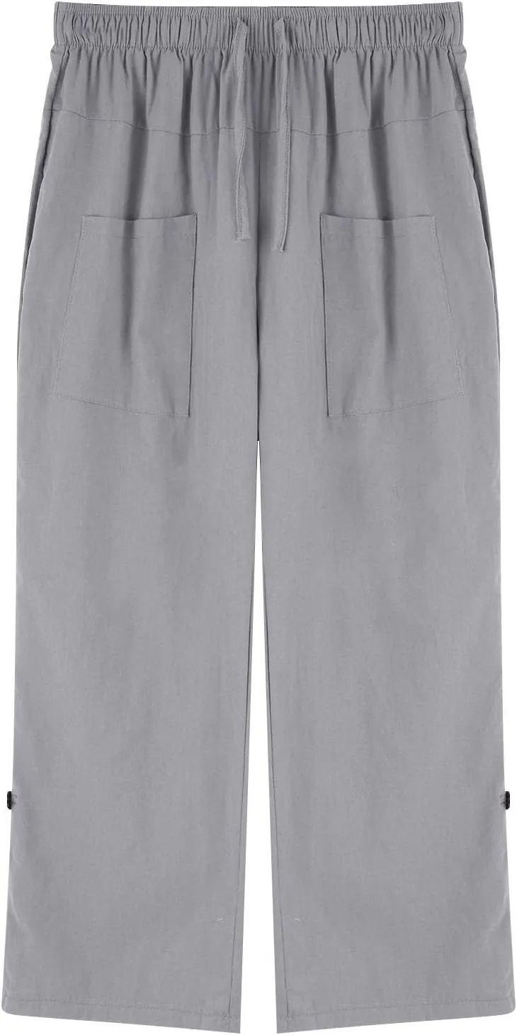 Mens Elastic High Waist Drawstring Baggy Beach Casual Pants Cotton and Linen Capri Pants Summer Outdoor Vacation Shorts 2024