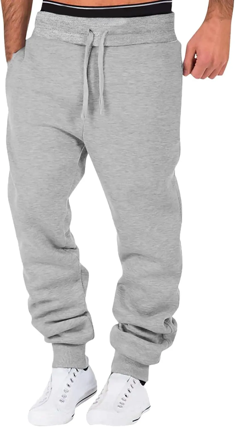 Men's Fleece Cargo Sweatpants Drawstring Loose Waist Solid Color Pants Pocket Active Athletic Workout Sweatpants Men