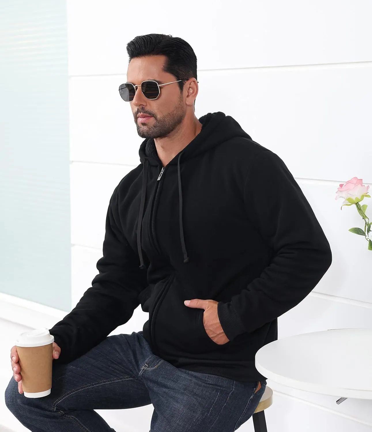 Mens Full Zip Up Hoodies Sherpa Fleece Lined Hoodie Heavyweight Thick Flannel Jacket Heavy Duty Warm Winter Coat