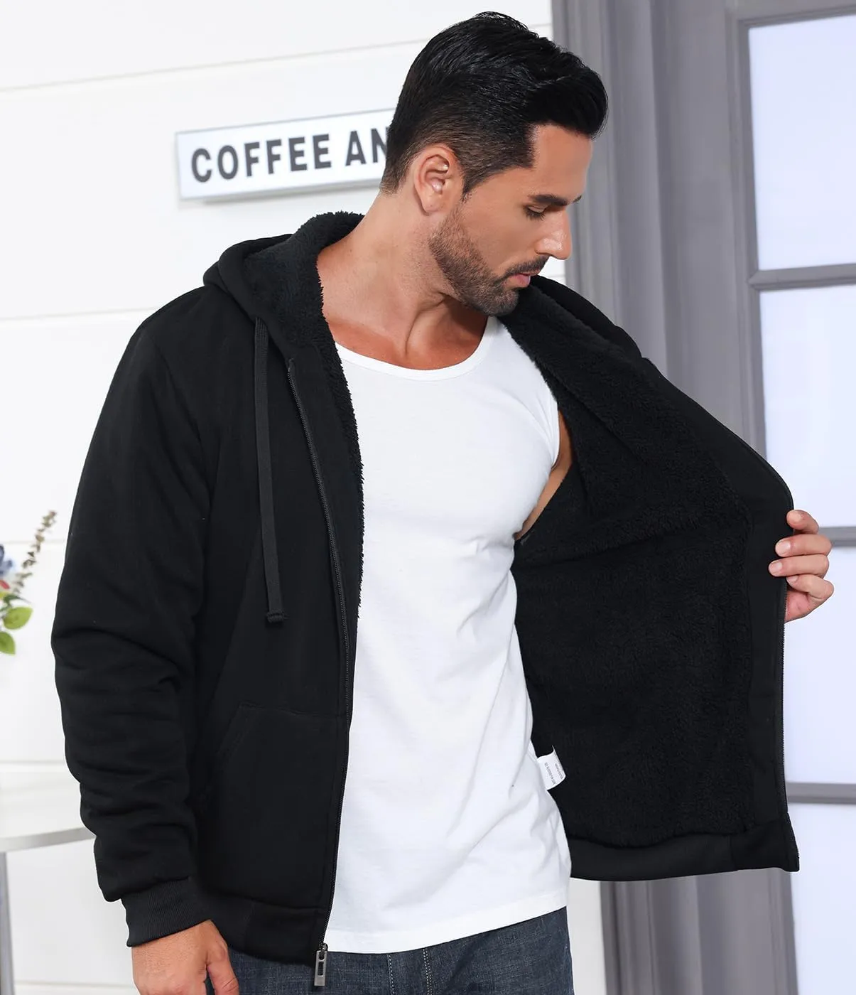 Mens Full Zip Up Hoodies Sherpa Fleece Lined Hoodie Heavyweight Thick Flannel Jacket Heavy Duty Warm Winter Coat