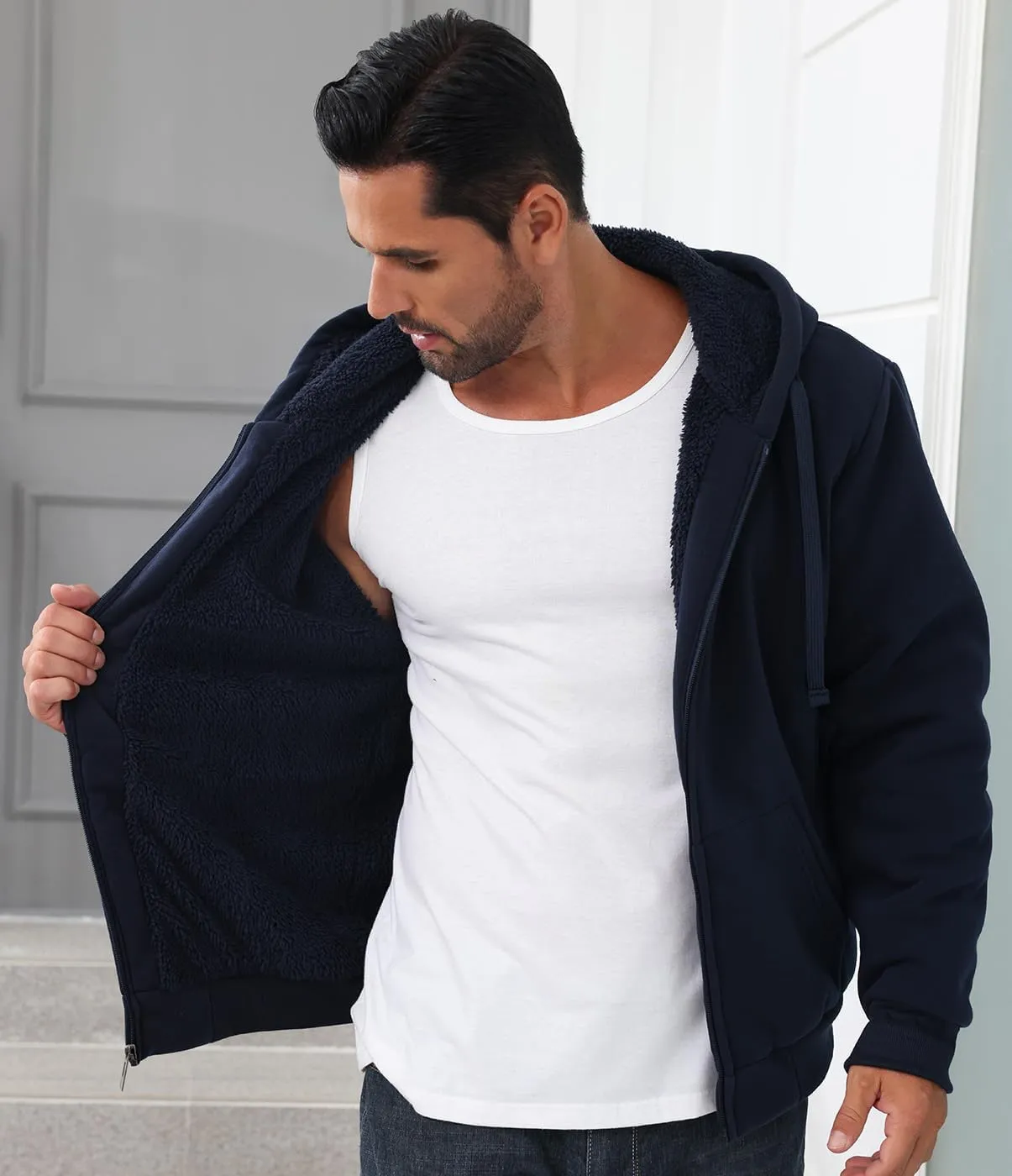 Mens Full Zip Up Hoodies Sherpa Fleece Lined Hoodie Heavyweight Thick Flannel Jacket Heavy Duty Warm Winter Coat