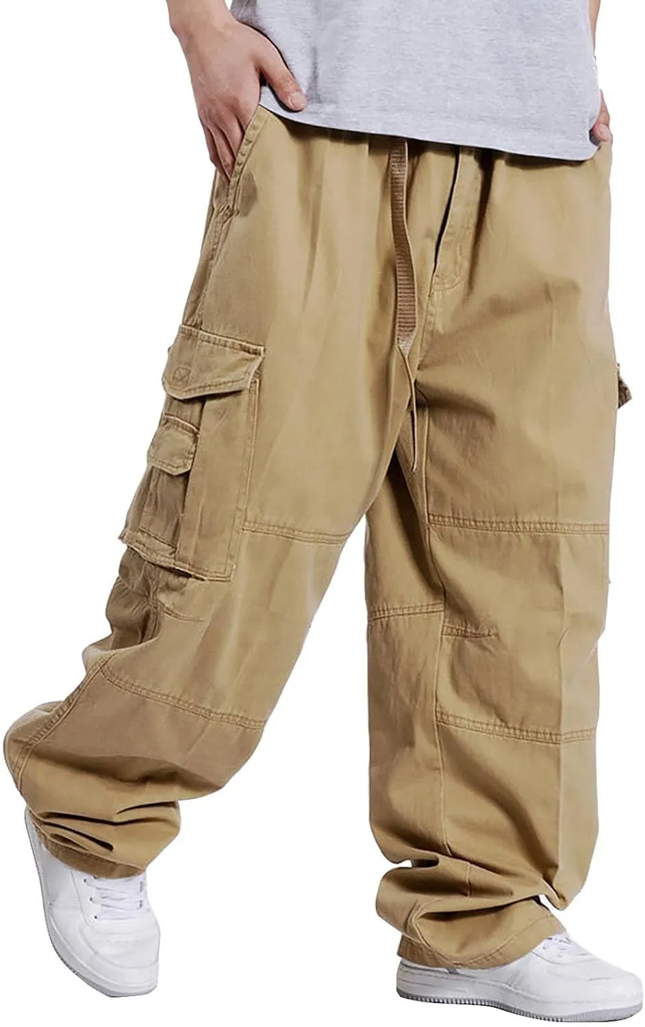 Men's Large Size Wide-Leg Pants Hip-Hop Loose Multi-Pocket Fashion Solid Color Overalls Plus Size Fat Hipster Street Trousers