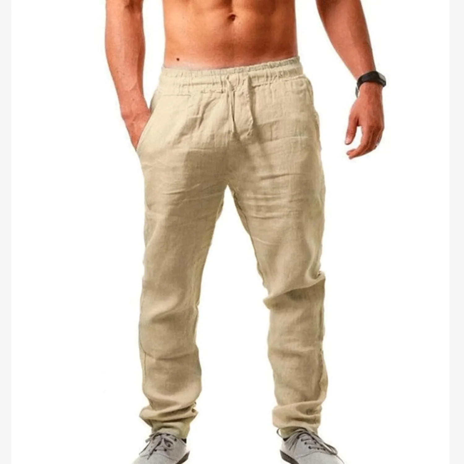 Men's Linen Casual Pants Elastic Lightweight Breathable Drawstring Beach Lounge Daily Summer Travel