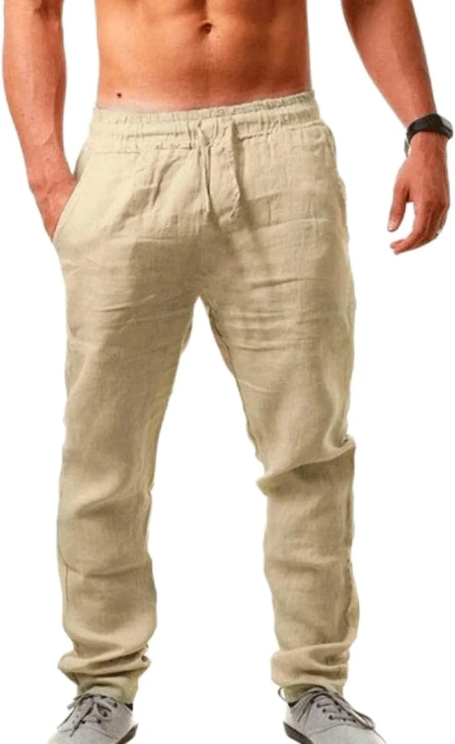 Men's Linen Casual Pants Elastic Lightweight Breathable Drawstring Beach Lounge Daily Summer Travel