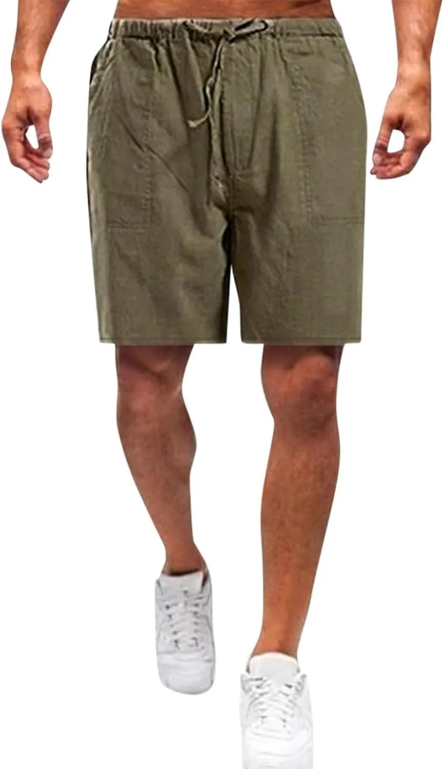 Mens Linen Shorts Elastic Waist Drawstring Wide Leg Bermuda Shorts for Men Loose Fit Lightweight Summer Beach Shorts