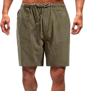 Mens Linen Shorts Elastic Waist Drawstring Wide Leg Bermuda Shorts for Men Loose Fit Lightweight Summer Beach Shorts