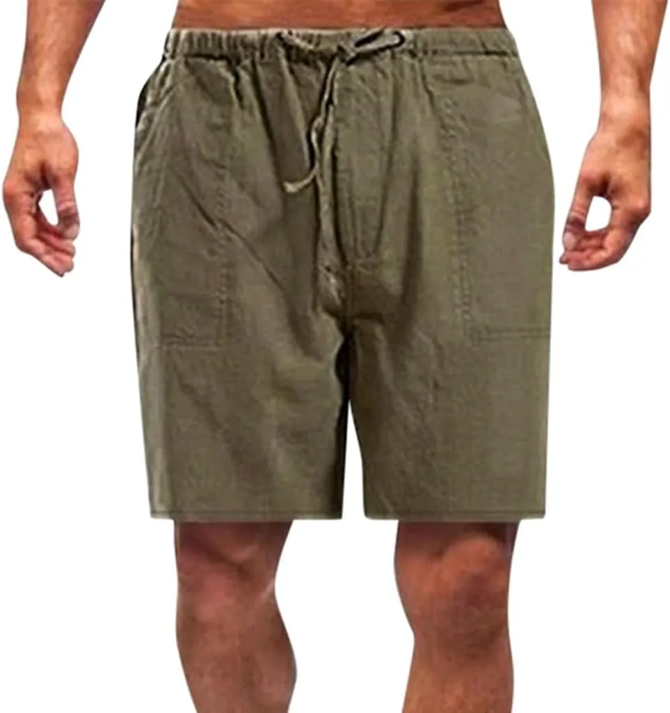 Mens Linen Shorts Elastic Waist Drawstring Wide Leg Bermuda Shorts for Men Loose Fit Lightweight Summer Beach Shorts